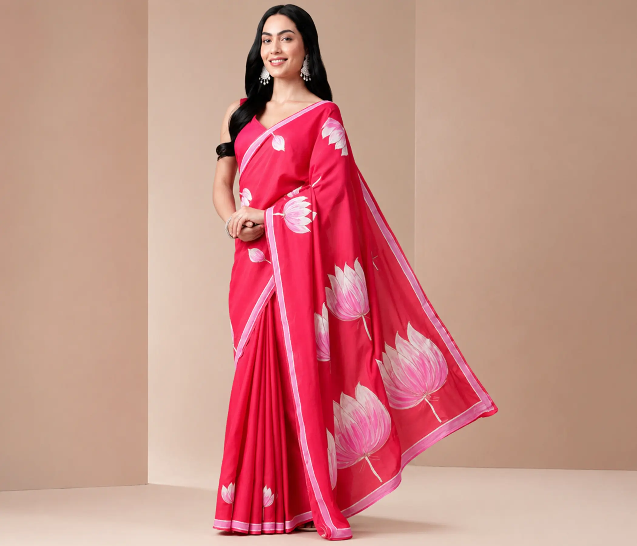 Hand-Painted Fuchsia Pink Chiffon Saree with White & Pink Lotus Motifs